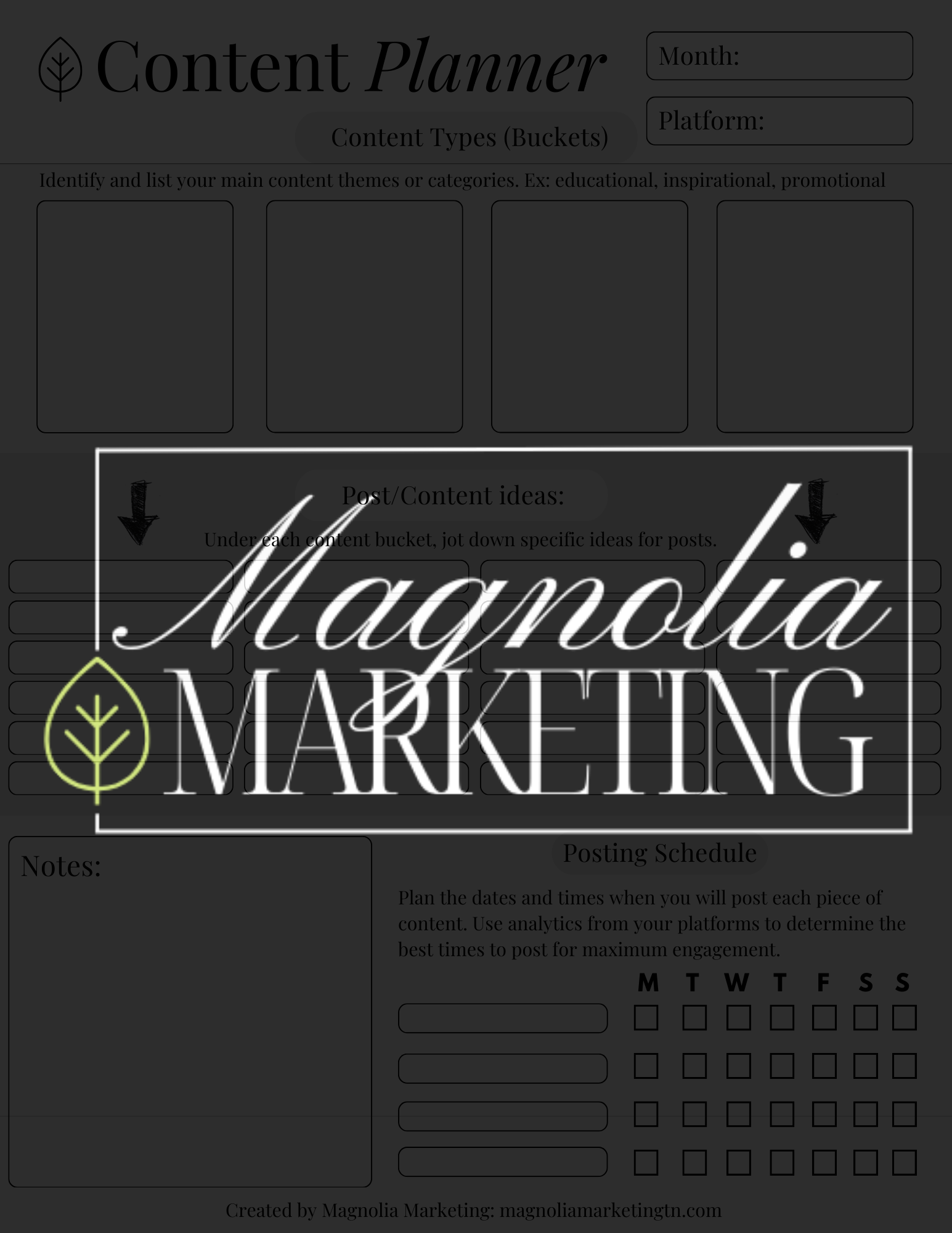 Magnolia Marketing Social Media Content Planner template, featuring sections for content types, post ideas, notes, and a posting schedule to help businesses organize and optimize their social media strategy.